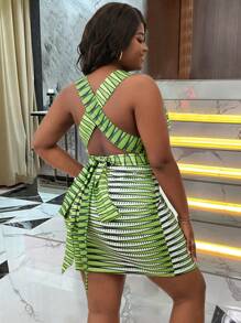 Maweii Plus Size V-Neck Sleeveless Open Back Cross Strap Dress - Multicolor - View 6