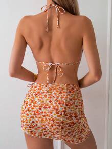 SHEIN Swim Women's Ditsy Floral Halter Tie Bikini Set For Vacation, Two Pieces Bikini Set Summer Beach