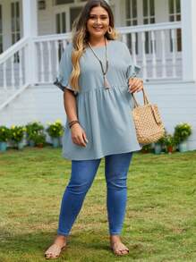 EMERY ROSE 大码女式时尚宽松圆领蕾丝袖浅蓝色衬衫母亲节 - 藍色 - 查看 4