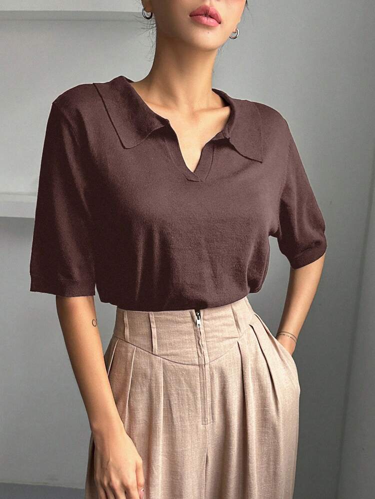 Women's Spring/Summer Plain Short Sleeve Polo Collar Loose Knit Top