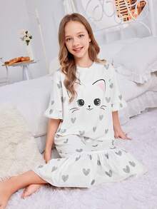SHEIN Vestido de dormir informal con estampado de gato y ribete de volantes para niñas preadolescentes - Caqui - Ver 3