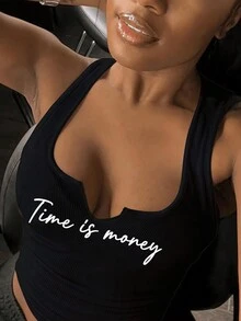 SHEIN Débardeur Coupe Slim Imprimé Lettre - Noir - Voir 3