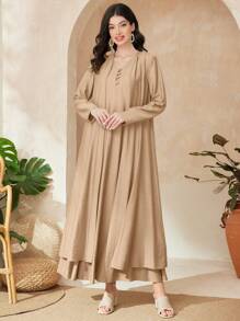 Al Najma Women's Solid Color V-Neck Fold-Pleated Coat And Dress Set - Khaki - View 5