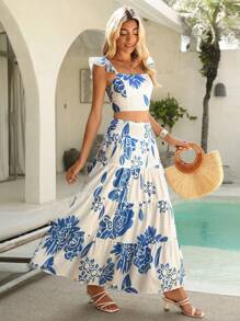 SHEIN VCAY NỮ Xanh In Viền Ruffle Trang trí Áo Và Bánh Bộ váy - Nhiều màu - Xem 5