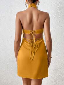 GENKIRA Women Dresses Backless Simpul Zip Plain Seksi - Emas - View 2