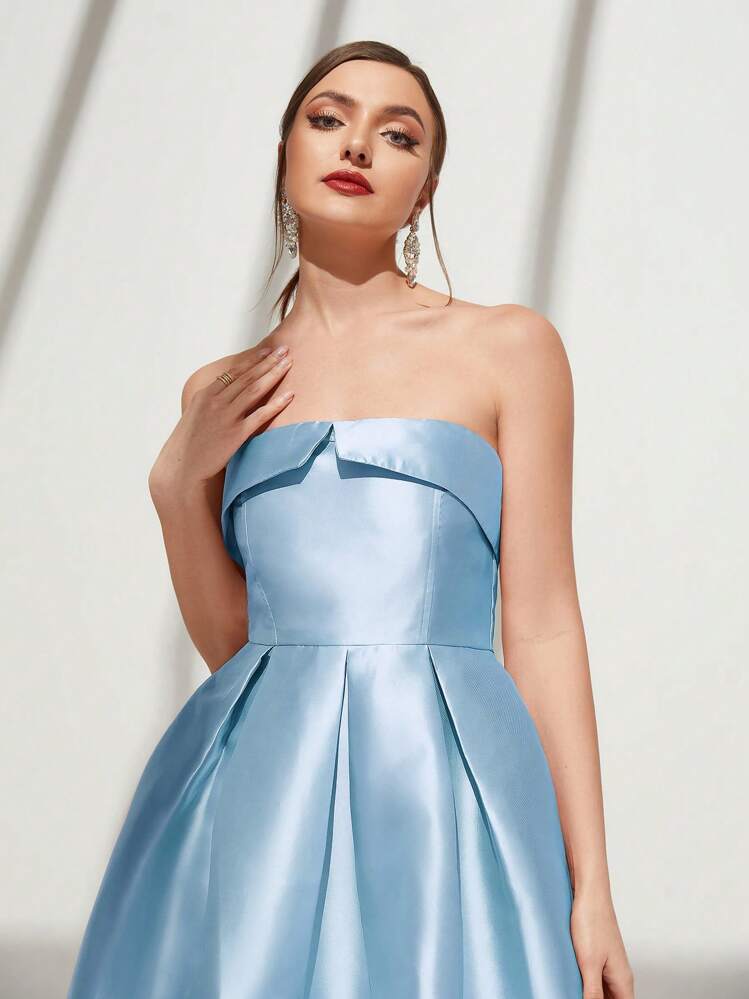 SHEIN Belle 女士时尚纯色露肩礼服优雅舞会半正式婚礼宾客礼服，适合生日、毕业典礼、返校节派对礼服 - 淺藍色 - 查看 4