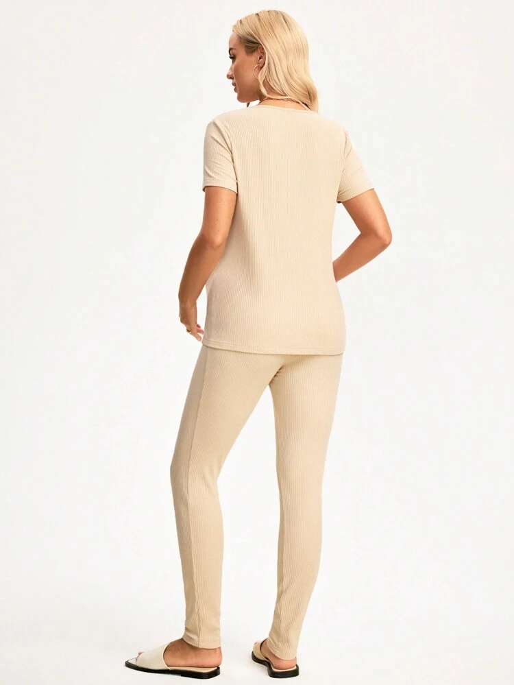 Maternity Knitted V-Neck Short Sleeve Cardigan And High Waisted Pants Set