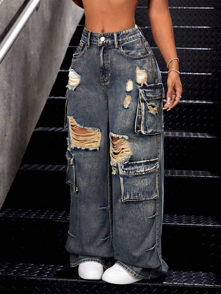 SHEIN ICON 女士時尚性感的破洞口袋設計牛仔褲