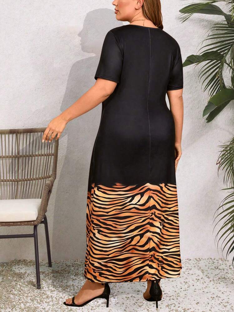 Plus Size Women's Tiger Pattern Patchwork Short Sleeve Arabic Clothing