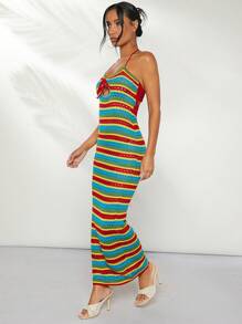 Hauture Women's Summer Colorful Striped Tie Front Hollow Out Halter Neck Cover Up Dress