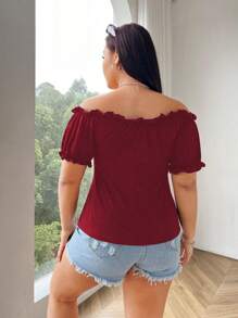 Flirla Plus Size Solid Color Off-Shoulder Frill Trim Chest Pleated Tie Knot T-Shirt - Burgundy - View 2