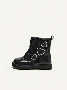 Botas elegante brillante con patrón de corazón princesa de niños - Negro - Ver 4