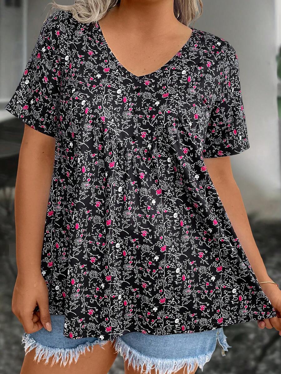 夏季大码全花卉印花 V 领 T 恤 - 黑色 - 查看 1
