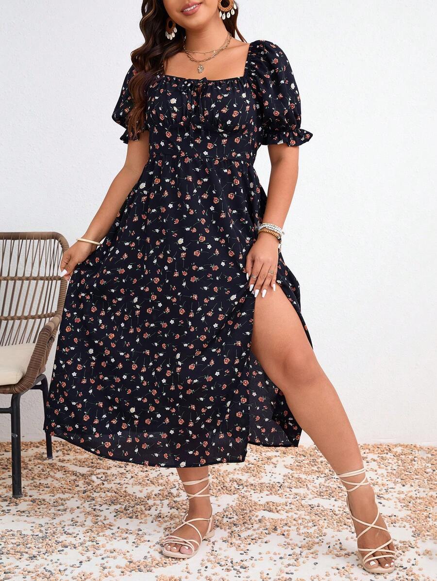 SHEIN Frenchy 大码女式夏季优雅长裙，带泡泡袖和碎花 - 彩色 - 查看 1