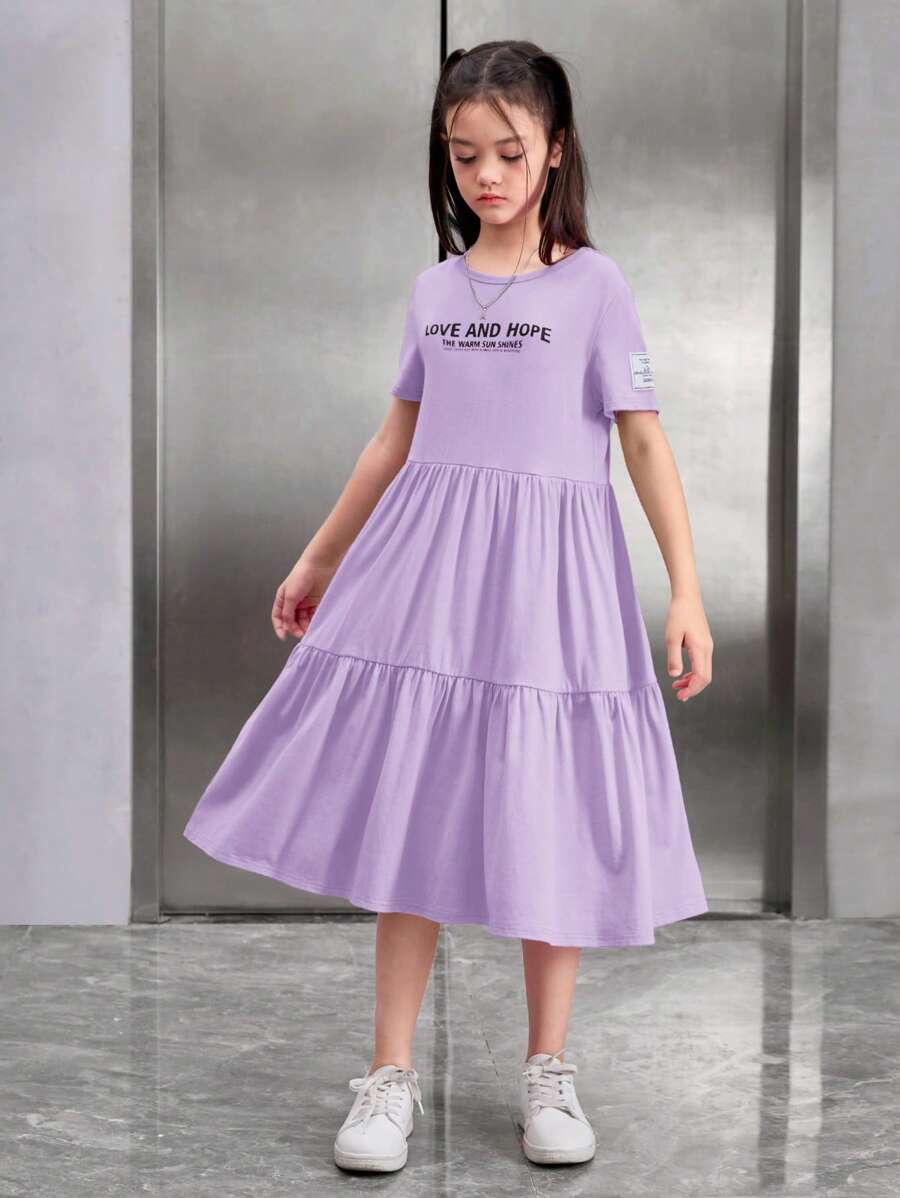 SHEIN Tween Girls' Loose Fit Casual Round Neck Short Sleeve Dress With Letter Pattern - Mauve Purple - View 1