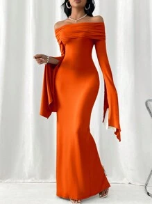 SHEIN Privé Spring Summer Off Shoulder Split Sleeve Bodycon Dress - Orange - View 3