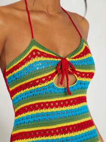 Hauture Women's Summer Colorful Striped Tie Front Hollow Out Halter Neck Cover Up Dress