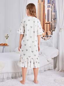 SHEIN Vestido de dormir informal con estampado de gato y ribete de volantes para niñas preadolescentes - Caqui - Ver 2