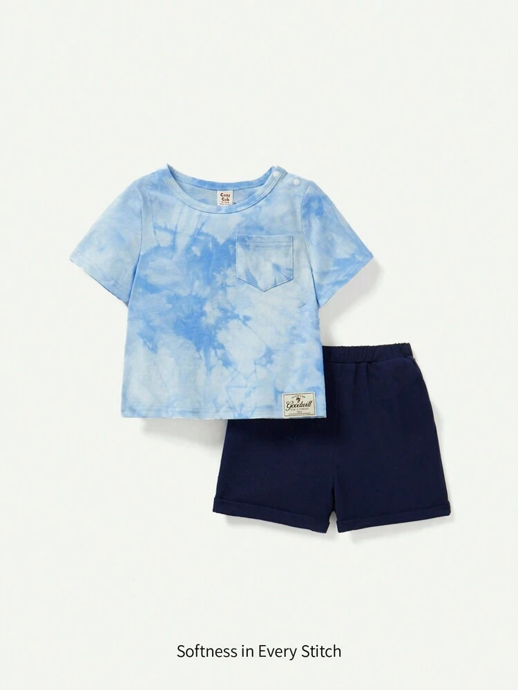 Baby Boys' Blue & White Tie-Dye Round Neck Regular Shoulder T-Shirt And Shorts Set