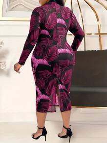 Maweii 大尺碼熱帶圖案立領長袖裙