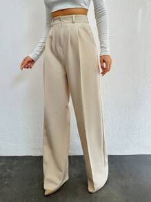 EURMUSE Solid Zipper Fly Fold Pleated Pants - Beige - View 3