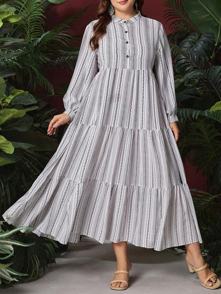 Plus Size Printed Lantern Sleeve Stand Collar Shirt Dress