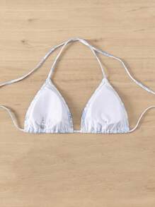 Swim Mod Summer Beach Random Printed Halter Neck Bikini Top - Blue and White - View 3