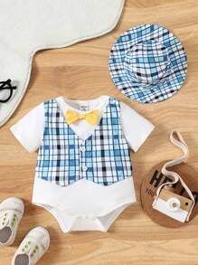 SHEIN Baby Boy Cute Checkered Printed 2 In 1 Bodysuit, Summer - Blue - View 1