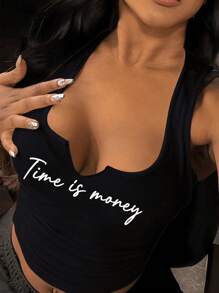 SHEIN Débardeur Coupe Slim Imprimé Lettre - Noir - Voir 1