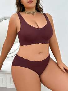 Plus Size Solid Color Bra And Panties Set With Scallop Edge - Coffee Brown - View 4