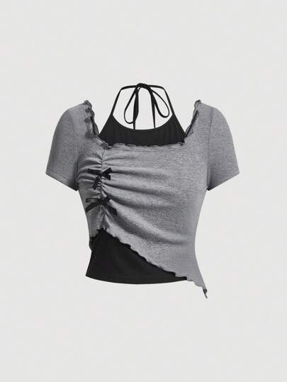 SHEIN MOD Women's Color Block 2 In 1 Halter Neck Tee