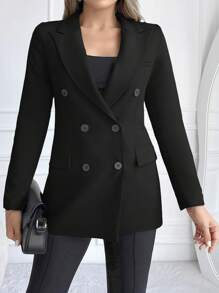 RueChic Lapel Neck Double Breasted Blazer - Black - View 3