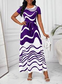 SHEIN Lady NỮ Dài Vá lại Xoăn Sóng Sọc Đầm Cho mùa hè - Màu tím - Xem 5