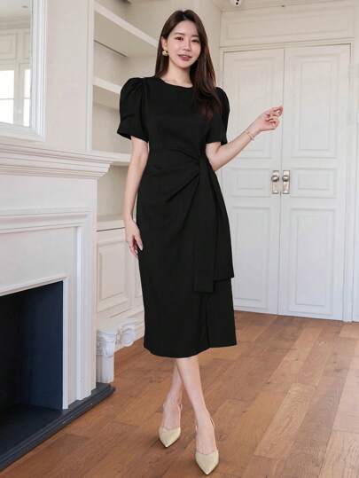 DAZY Women Solid Color Bubble Sleeve Tie Waist Dress For Spring/Summer Sundress