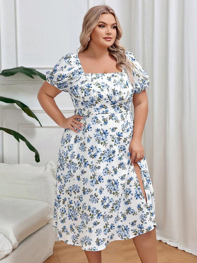Elegant Summer Simple And Elegant Square Neck Blue And White Printed Vacation Plus Size Dress With Slit