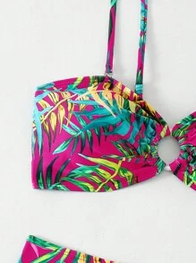 SHEIN Swim 夏季海滩女士海滩度假植物印花比基尼套装 - 彩色 - 查看 5