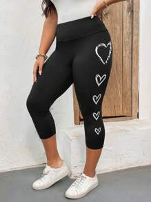 SHEIN LUNE 加大碼高腰愛心印花緊身褲，七分褲長，休閒運動 - 黑色 - 查看 7
