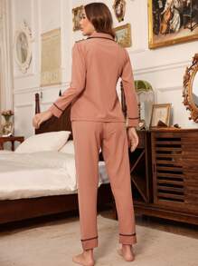Lace Trim Pocket Front PJ Set / Pajama Set - Dusty Pink - View 2
