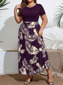 SHEIN Frenchy Đầm cổ tròn tay ngắn in họa tiết cây nhiệt đới mùa hè cỡ lớn Boho dành cho nữ - Màu tím - Xem 3