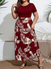 SHEIN Frenchy Plus Size Round Neck Short Sleeve Summer Boho Dress With Plant Print,Beach Dress Sundress,Holiday Outfits
