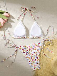 Swim Mod Summer Women's Small Flower Print Halter Bikini Set With Random Flower Pattern