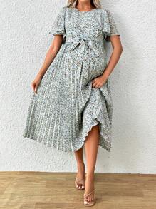 SHEIN Fashionable Printing Pleated Maternity Dress - Blue - View 5