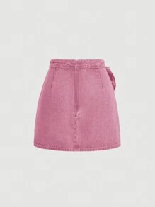 SHEIN MOD High Waist Women's Denim Mini Skirt With Bowknot - Pink - View 2