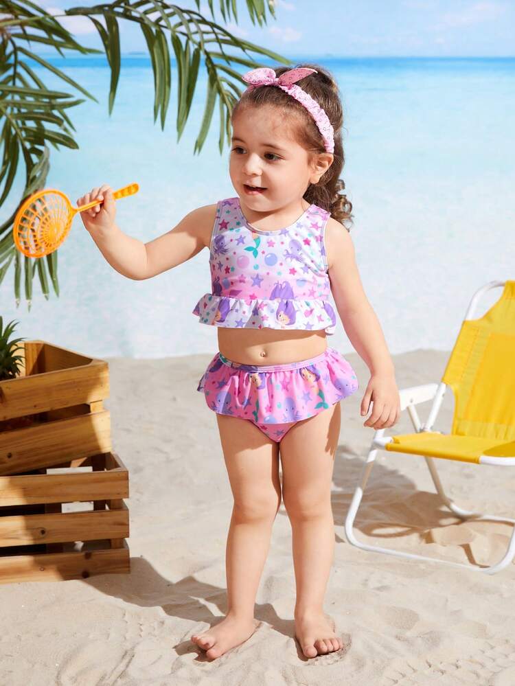 Baby Girl Swimsuit (Random Print) With Multiple Pieces Set And Quick-Dry Towel