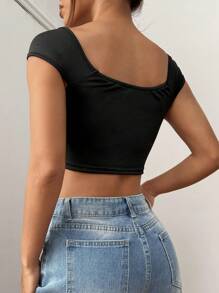 VaVaBold Quý cô Mùa hè Váy rộng Liên kết Ren Vá lại Xu hướng: Cắt giảm Chèn Vai Ngắn tay Thon gọn Áo thun - màu đen - Xem 2