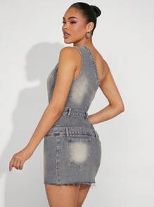 SHEIN Unity Women Fashionable Sexy Vintage Asymmetrical Neck Waist-Cinched Denim Dress - Dark Wash - View 2