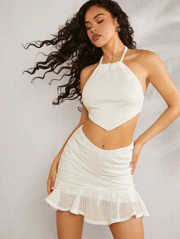 Pointelle Crop Top & Ruffle Skirt Two Pieces Set