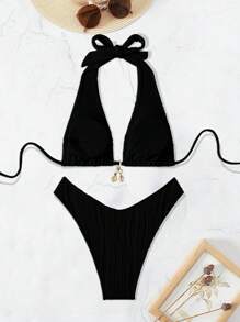 SHEIN Swim Bộ bikini dây buộc lưng màu trơn, đi biển mùa hè - màu đen - Xem 3