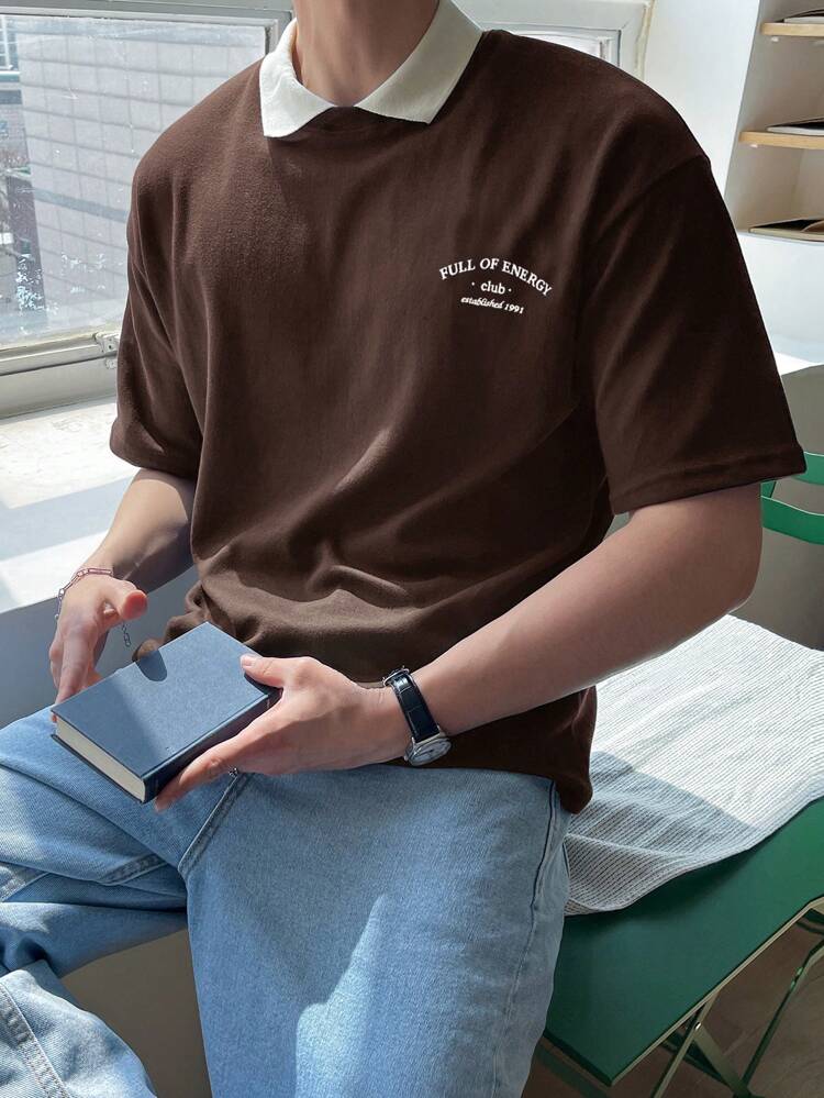 Men's Summer Letter Print Colorblock Polo Shirt