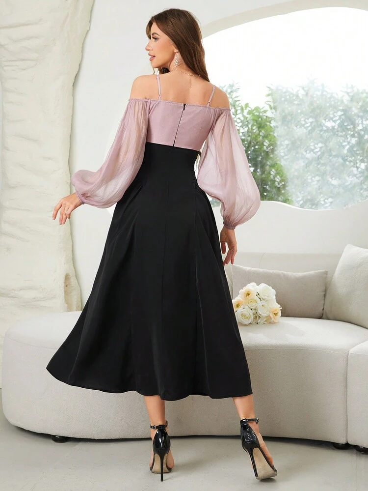 Women Contrast Mesh Bubble Sleeve Cami Dress